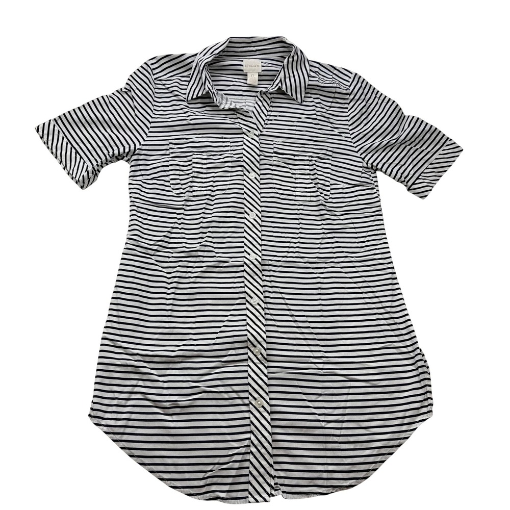 Chicos Womens Sz 0 Small Navy White Striped Short Sleeve Button Down Shirt Tunic